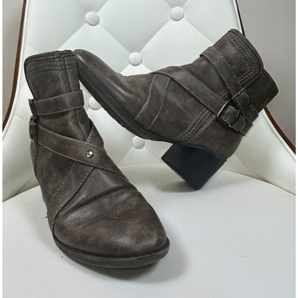 Natural Soul Zela Leather Ankle Booties Taupe Block Heel Buckle Zip Women's 8M